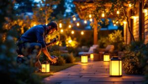 A photograph of a beautifully lit outdoor scene featuring solar lanterns in a garden or patio setting