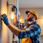 A photograph of a skilled lighting contractor in action