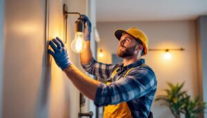 A photograph of a skilled lighting contractor in action