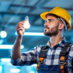 A photograph of a lighting contractor skillfully replacing a fluorescent light bulb with an led bulb in a commercial setting