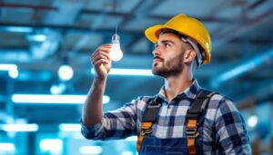 A photograph of a lighting contractor skillfully replacing a fluorescent light bulb with an led bulb in a commercial setting