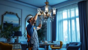 A photograph of a professional lighting contractor installing a heavy-duty chandelier mounting kit in an elegant interior space