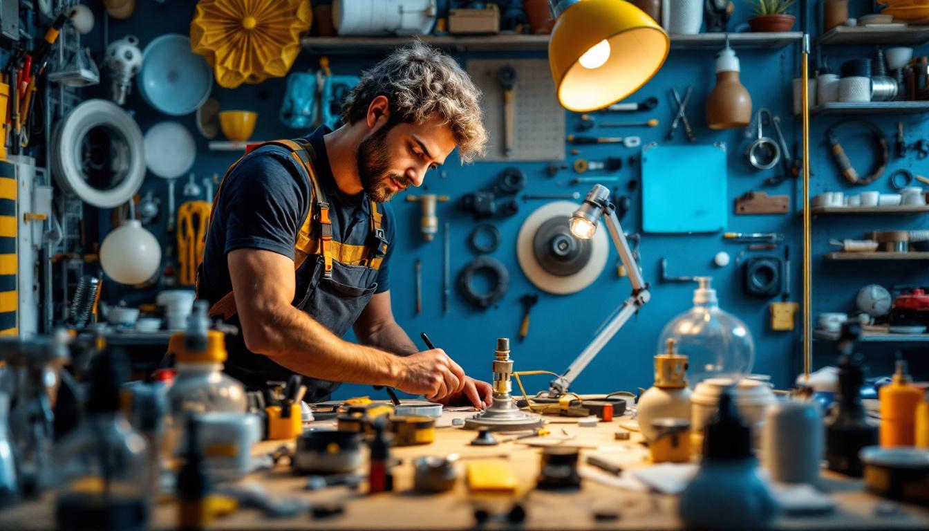A photograph of a well-organized workspace featuring various lamp replacement parts