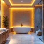 A photograph of a beautifully designed spa bathroom featuring soft