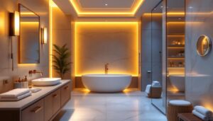 A photograph of a beautifully designed spa bathroom featuring soft