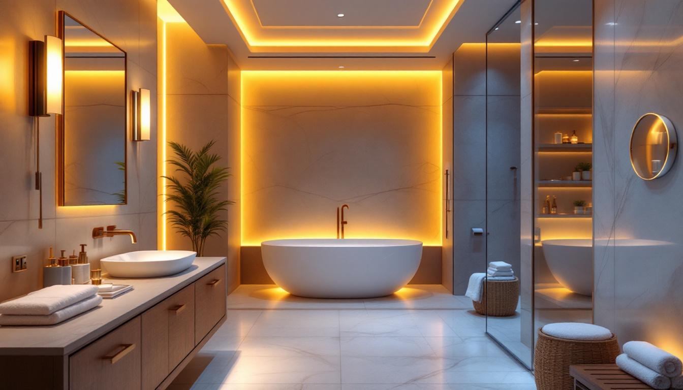 A photograph of a beautifully designed spa bathroom featuring soft