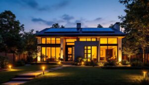 A photograph of a modern home exterior illuminated by solar-powered lights at dusk
