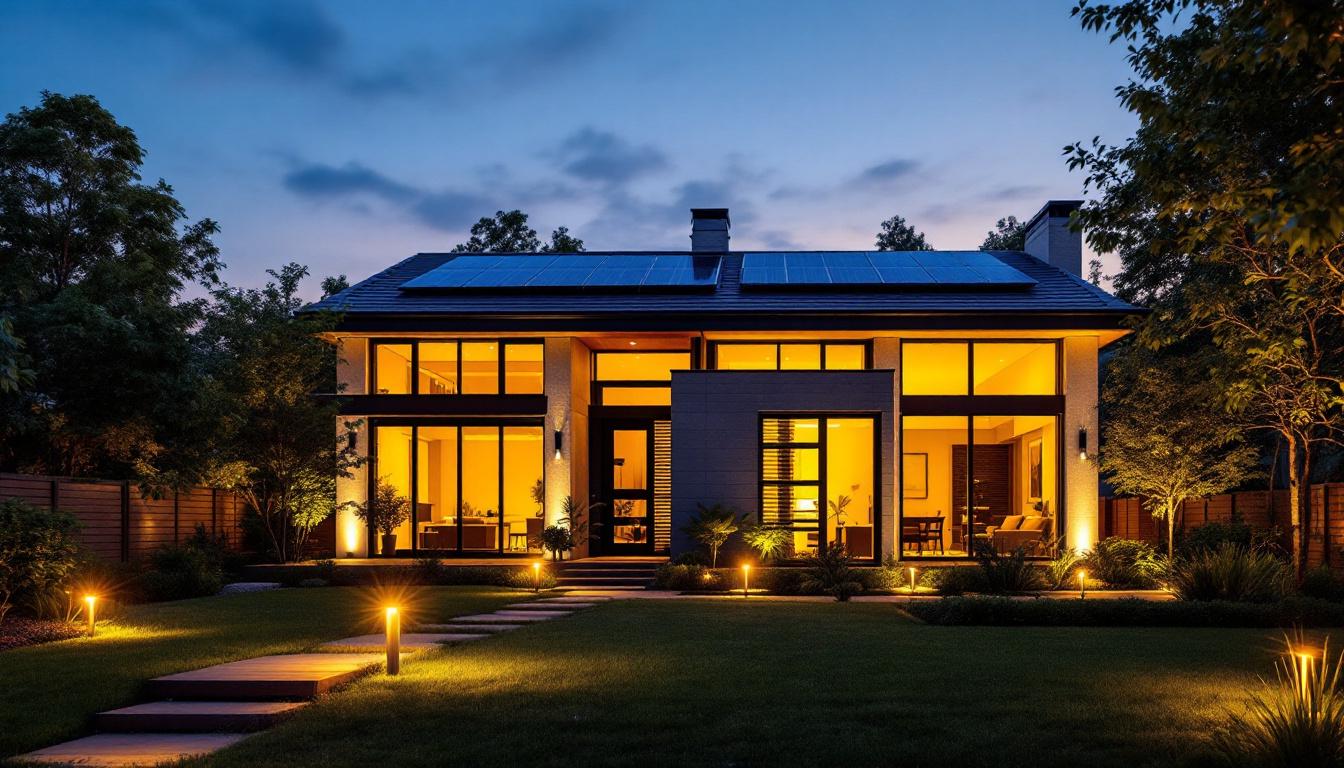 A photograph of a modern home exterior illuminated by solar-powered lights at dusk