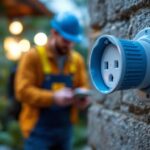 A photograph of a waterproof electrical plug installed in an outdoor setting