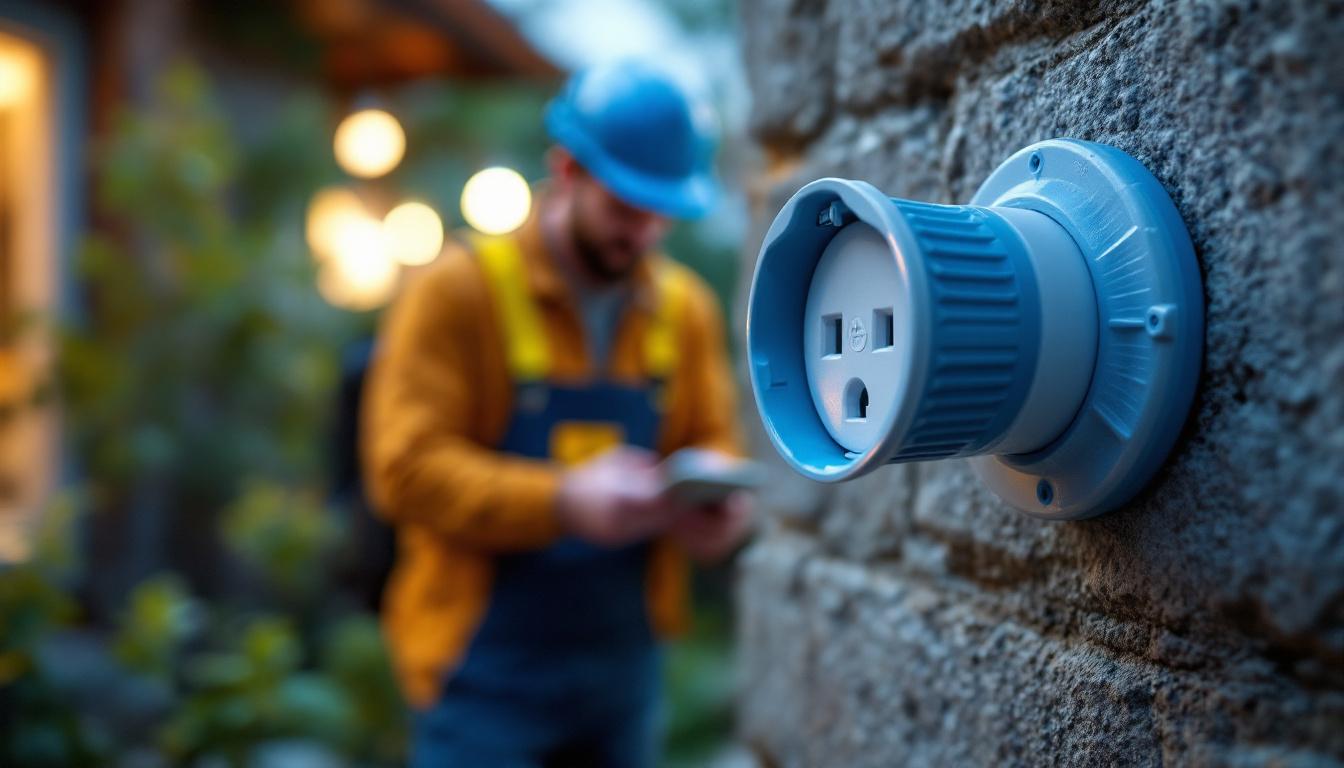 A photograph of a waterproof electrical plug installed in an outdoor setting