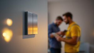 A photograph of a sleek stainless steel light switch installed on a stylish wall