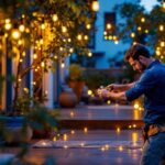 A photograph of a skilled lighting contractor expertly installing vibrant led string lights in a beautifully decorated outdoor space