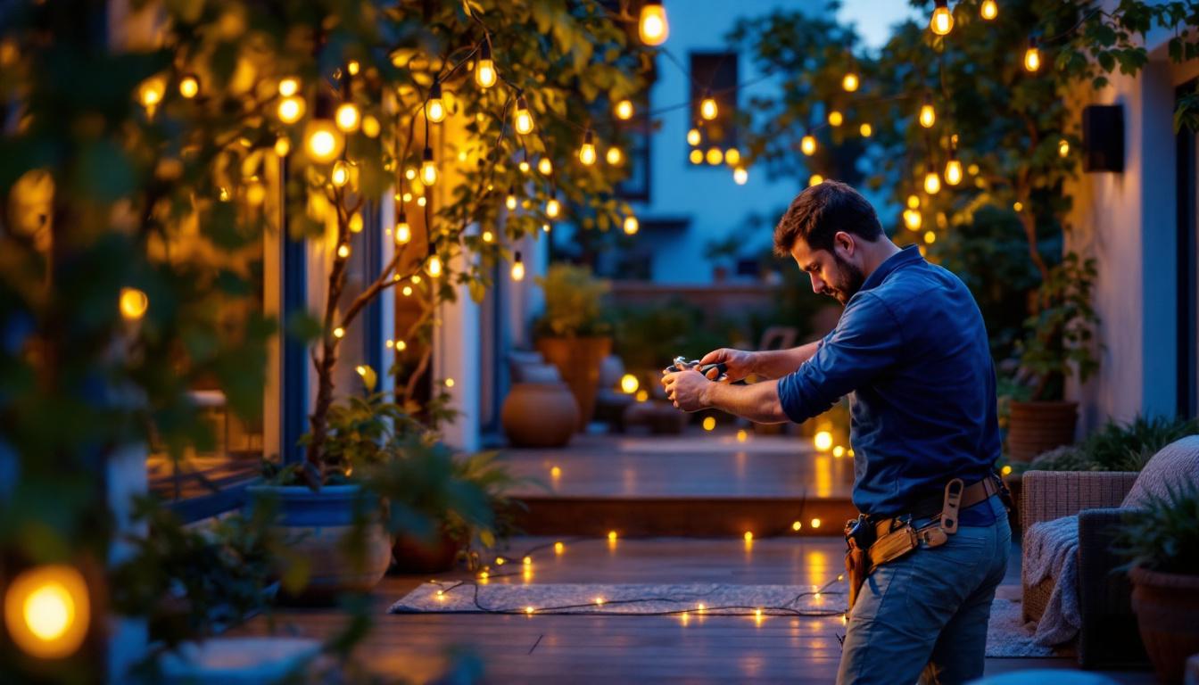 A photograph of a skilled lighting contractor expertly installing vibrant led string lights in a beautifully decorated outdoor space