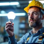 A photograph of a lighting contractor examining both a fluorescent bulb and an led bulb side by side