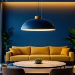 A photograph of a stylish interior space featuring a large contemporary pendant light fixture