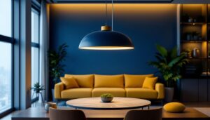 A photograph of a stylish interior space featuring a large contemporary pendant light fixture