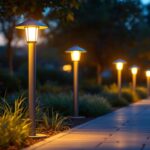 A photograph of a well-lit outdoor setting featuring various styles of bollard lights in use