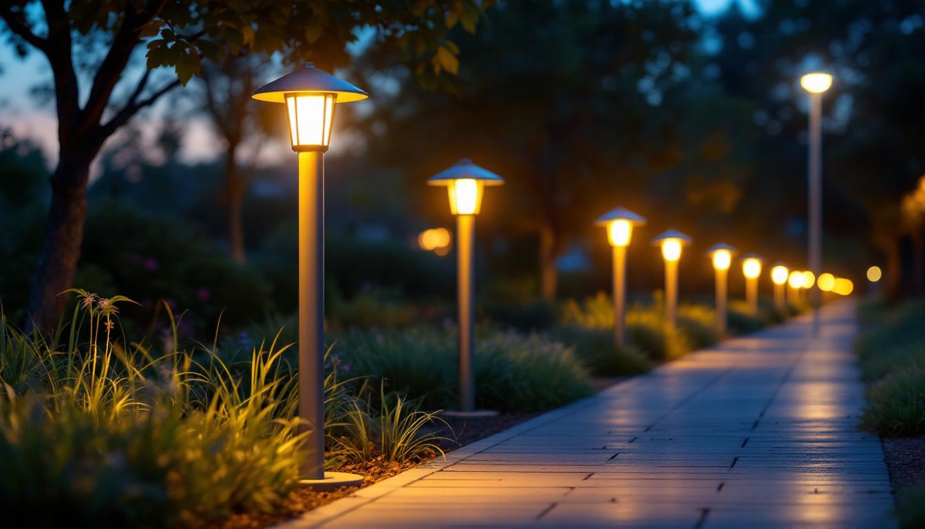 A photograph of a well-lit outdoor setting featuring various styles of bollard lights in use