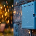 A photograph of a weatherproof electrical box cover installed on an outdoor lighting fixture