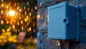 A photograph of a weatherproof electrical box cover installed on an outdoor lighting fixture