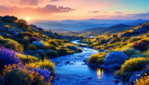 A photograph of a vibrant landscape illuminated by creative lighting techniques