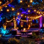 A photograph of a beautifully arranged outdoor setting featuring vibrant led color-changing string lights draped elegantly across trees or patio spaces