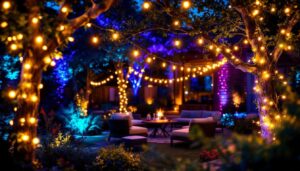 A photograph of a beautifully arranged outdoor setting featuring vibrant led color-changing string lights draped elegantly across trees or patio spaces