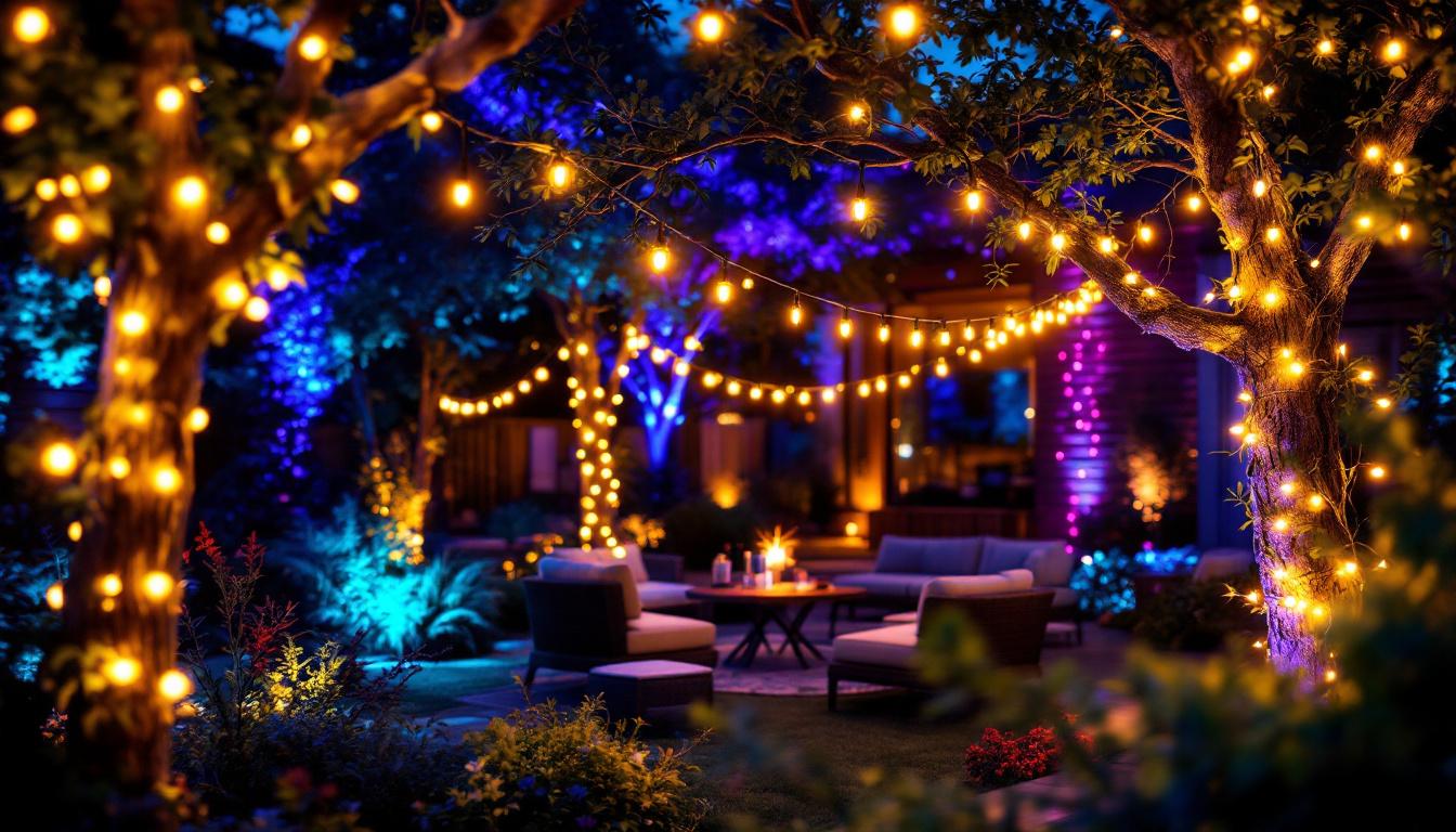 A photograph of a beautifully arranged outdoor setting featuring vibrant led color-changing string lights draped elegantly across trees or patio spaces