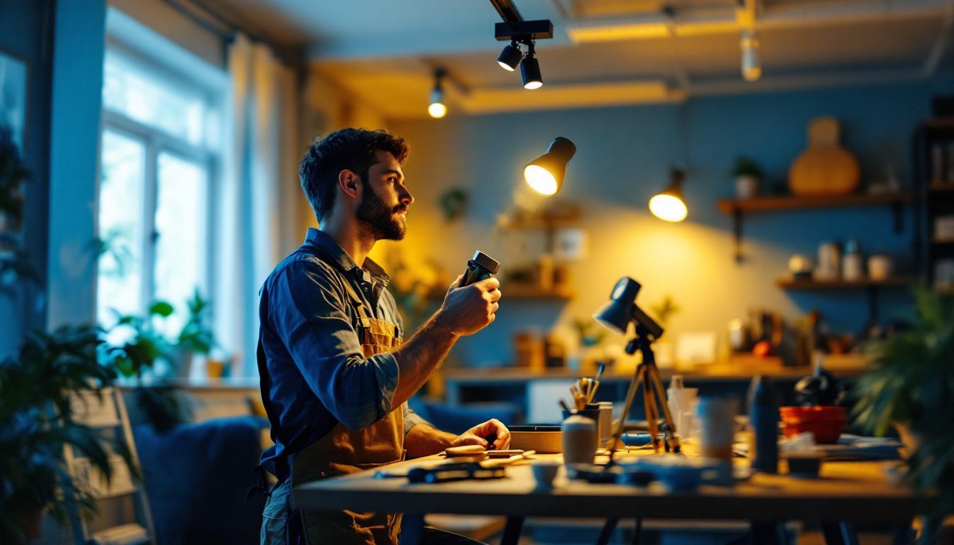 A photograph of a well-lit interior space showcasing a person skillfully replacing a track lighting fixture