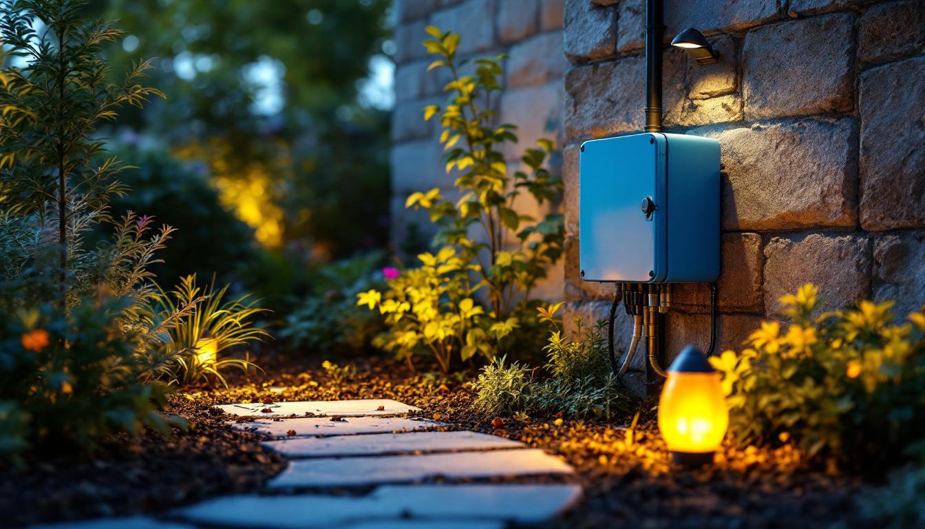 A photograph of a well-installed landscape electrical box in an outdoor setting