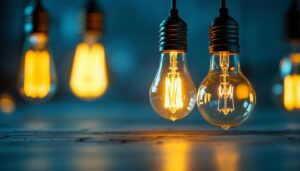 A photograph of a vintage lightbulb alongside modern lighting fixtures
