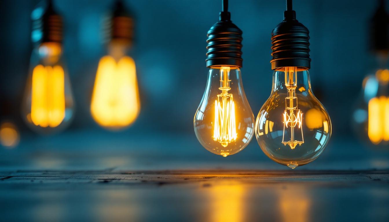 A photograph of a vintage lightbulb alongside modern lighting fixtures