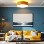 A photograph of a stylish flush mount light fixture installed in a modern living space