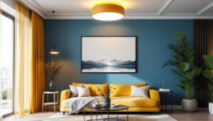 A photograph of a stylish flush mount light fixture installed in a modern living space