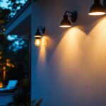 A photograph of a well-lit outdoor space showcasing various stylish lighting fixtures in use