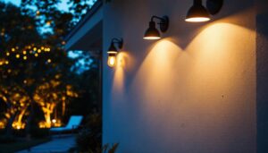 A photograph of a well-lit outdoor space showcasing various stylish lighting fixtures in use