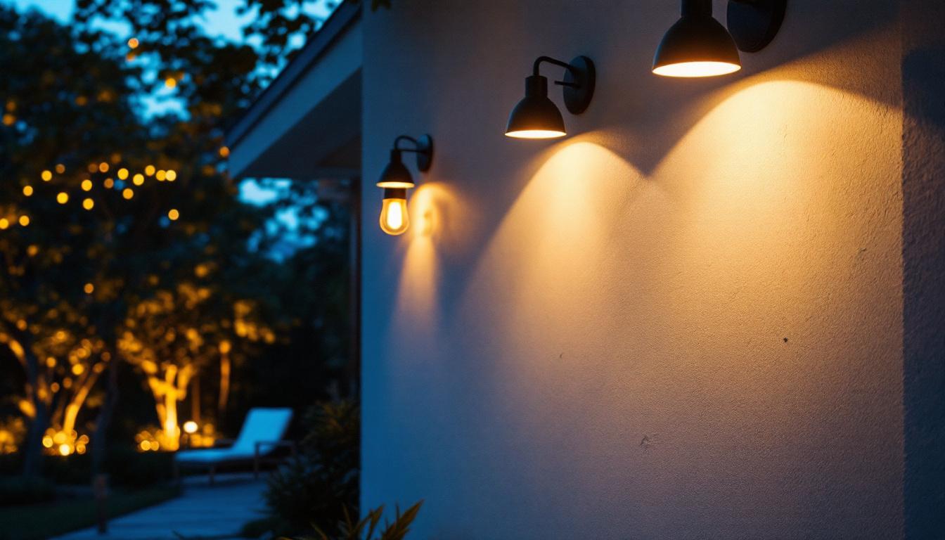 A photograph of a well-lit outdoor space showcasing various stylish lighting fixtures in use