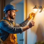 A photograph of a lighting contractor installing led indoor solar lights in a modern home setting