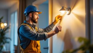 A photograph of a lighting contractor installing led indoor solar lights in a modern home setting