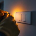 A photograph of capture a photograph of a lighting contractor skillfully installing or adjusting a three rocker switch in a modern home setting