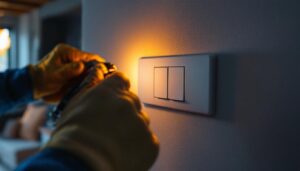 A photograph of capture a photograph of a lighting contractor skillfully installing or adjusting a three rocker switch in a modern home setting