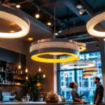 A photograph of a beautifully designed interior space featuring large round hanging lights