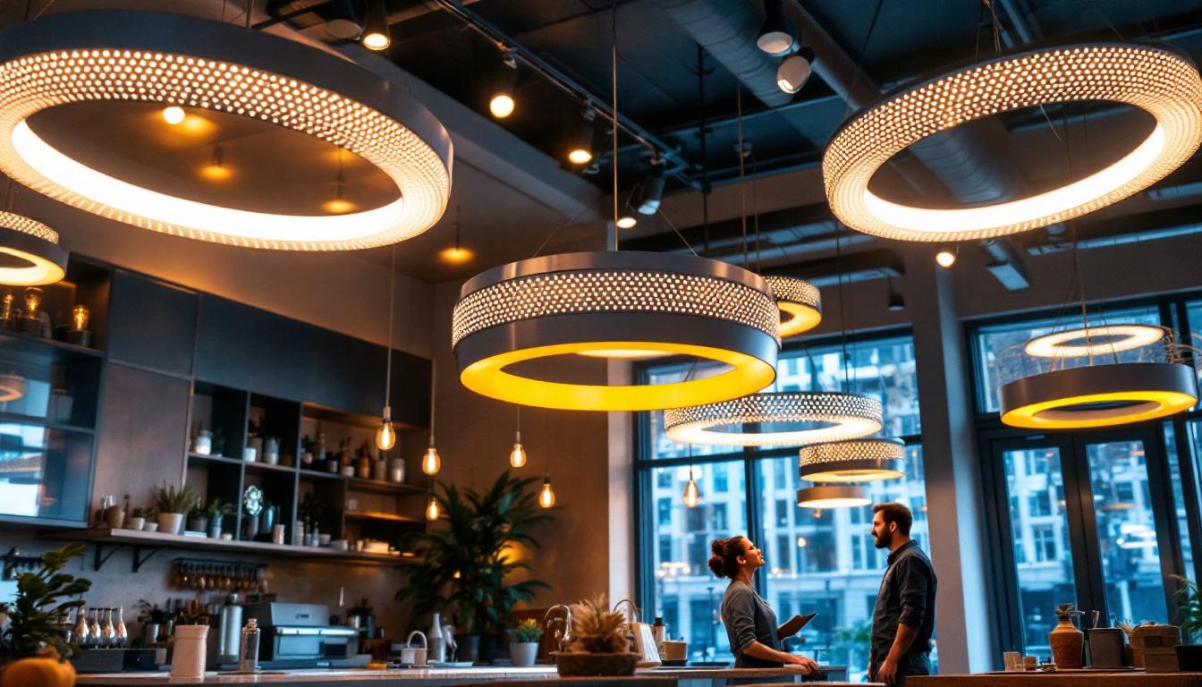 A photograph of a beautifully designed interior space featuring large round hanging lights
