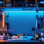 A photograph of a well-organized workspace featuring a variety of led strip lights in different colors and lengths