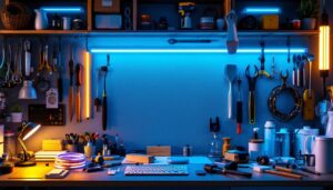 A photograph of a well-organized workspace featuring a variety of led strip lights in different colors and lengths
