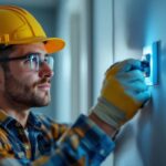 A photograph of a lighting contractor skillfully installing a 1 pole switch in a residential setting