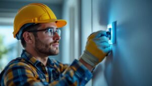 A photograph of a lighting contractor skillfully installing a 1 pole switch in a residential setting