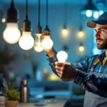 A photograph of a lighting contractor expertly installing or showcasing a variety of led light bulbs in a well-lit