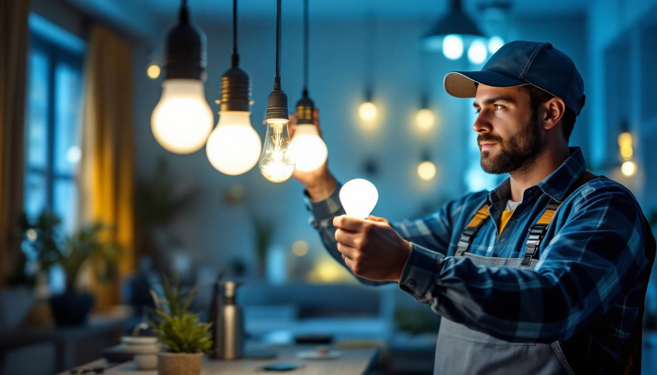 A photograph of a lighting contractor expertly installing or showcasing a variety of led light bulbs in a well-lit