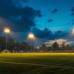 A photograph of a well-lit sports field at dusk